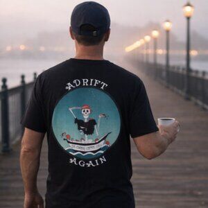 Adrift Again Black V Neck T| "The Crabby Coffee Crew" | XL